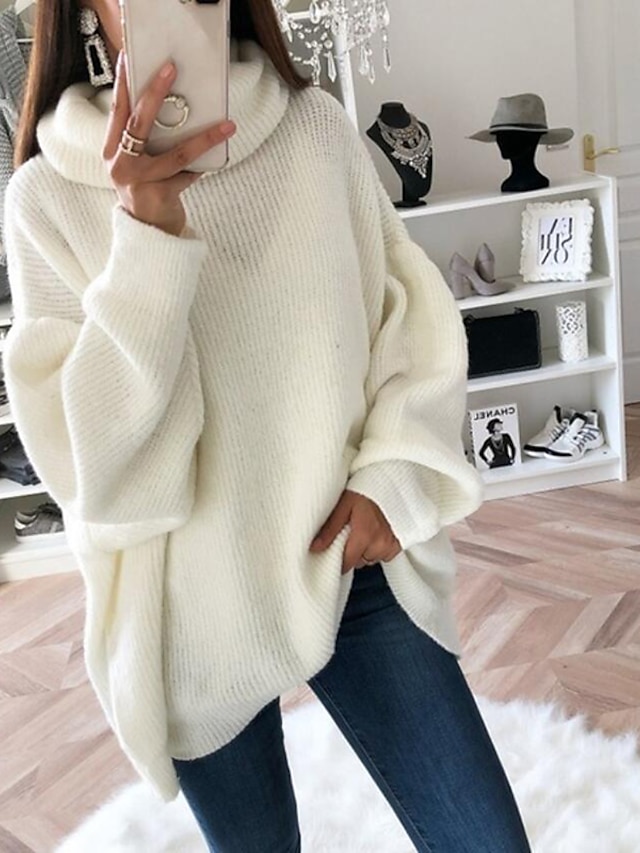  Women's Pullover Sweater Knitted Solid Color Basic Casual Long Sleeve Loose Sweater Cardigans Turtleneck Fall Winter Blushing Pink Gray White / Holiday