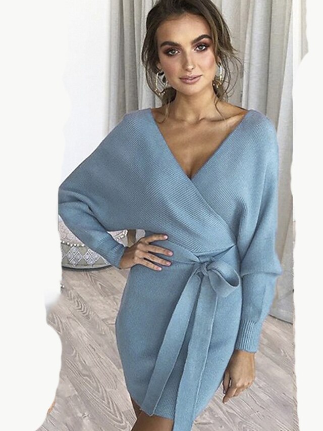  Damen Asymmetrisch Hülle Kleid - Langarm Solide Druck V-Ausschnitt Elegant Schwarz Blau Grün Braun Grau Leicht Blau S M L XL