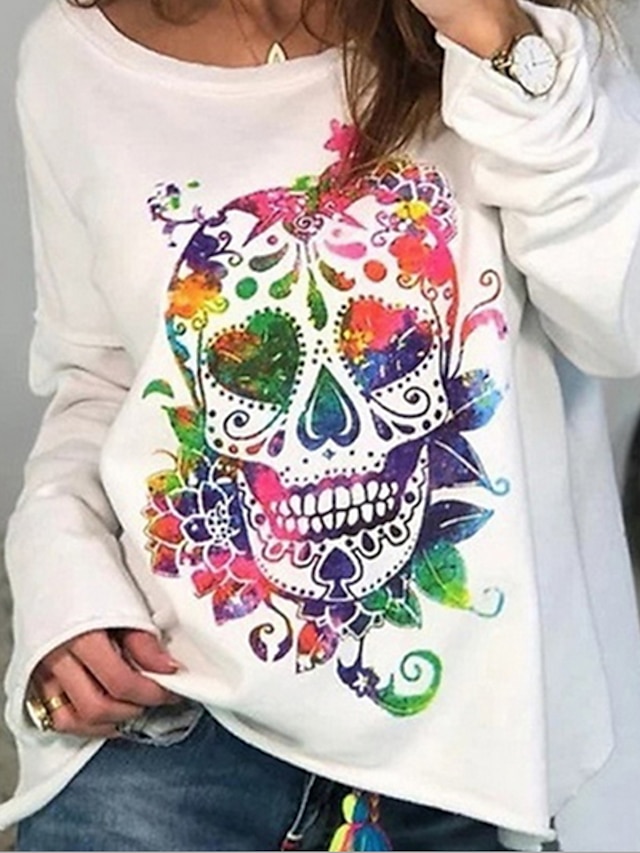 Womens Clothing Womens Tops | Womens Casual Daily T shirt Tee Rainbow Graphic Prints Skull Long Sleeve Print Round Neck Basic To