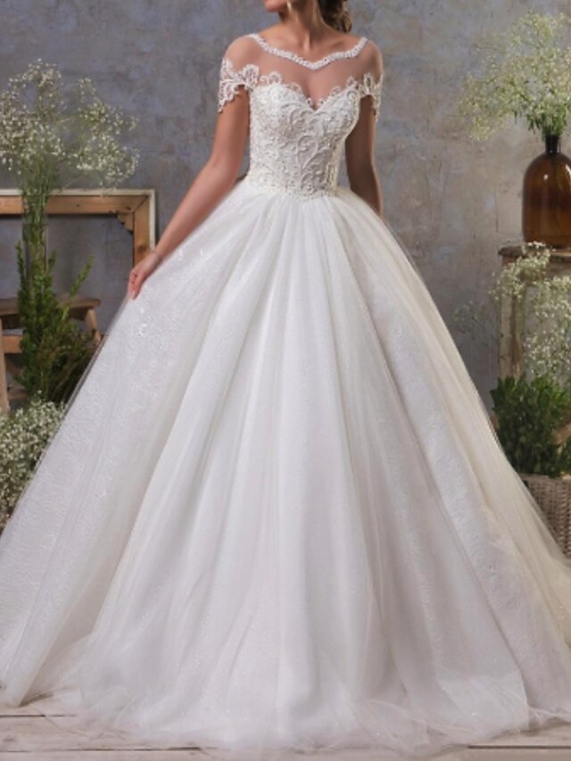  Wedding Dresses A-Line Bateau Neck Short Sleeve Court Train Tulle Bridal Gowns With Appliques 2024