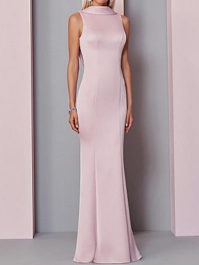  Mermaid Party Dress Wedding Guest Formal Evening Dress High Neck V Back Sleeveless Floor Length Polyester with Buttons 2022