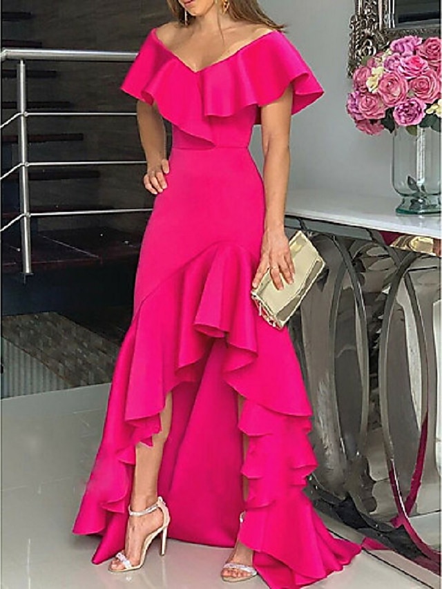  A-Line Evening Gown Minimalist Dress Wedding Guest Homecoming Asymmetrical Sleeveless Off Shoulder Stretch Satin with Ruffles Slit 2024