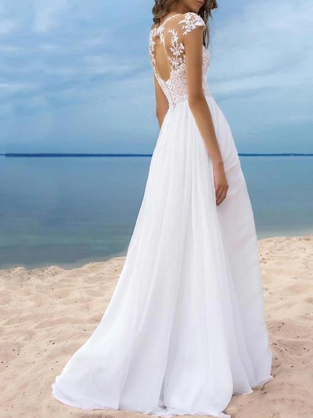 Beach Wedding Dresses A-Line Off Shoulder Cap Sleeve Sweep / Brush ...
