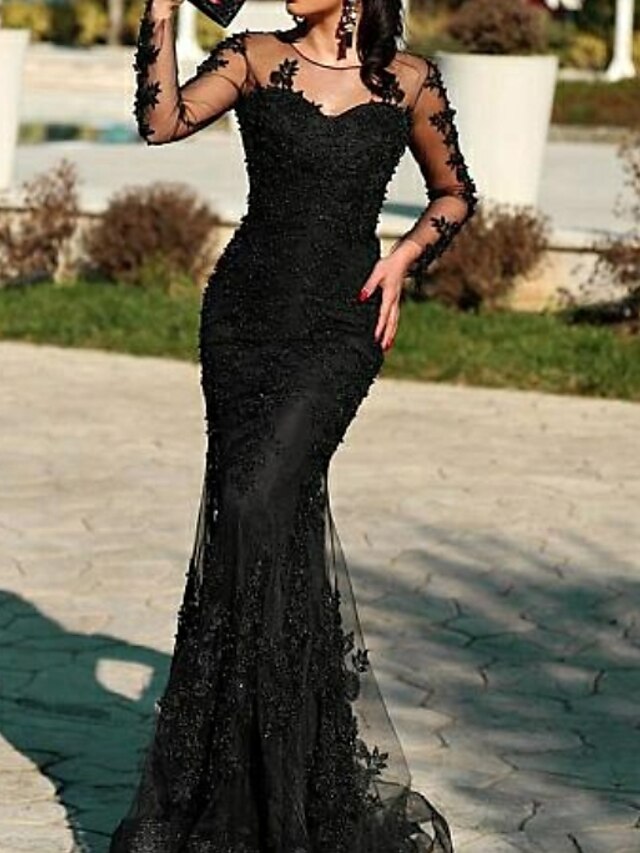  Mermaid / Trumpet Evening Gown Open Back Dress Formal Evening Floor Length Long Sleeve Jewel Neck Tulle with Appliques 2024
