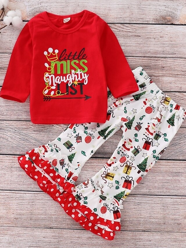  Dítě Dívčí Základní Květinový / Vánoce Dlouhý rukáv Standardní Bavlna Sady oblečení Rubínově červená / Toddler