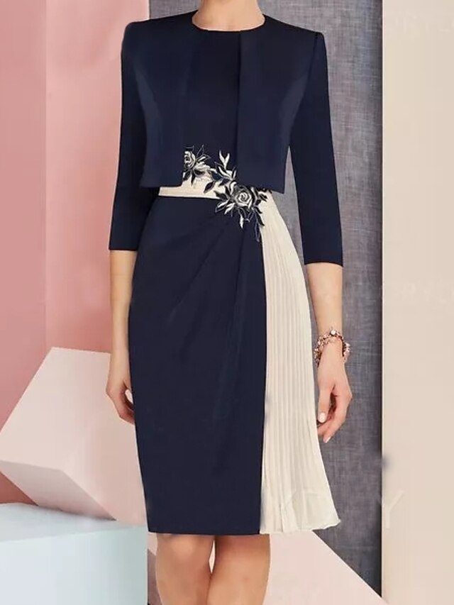  女性用 シフト ドレス - 七分袖 カラーブロック ネイビーブルー M L XL XXL XXXL