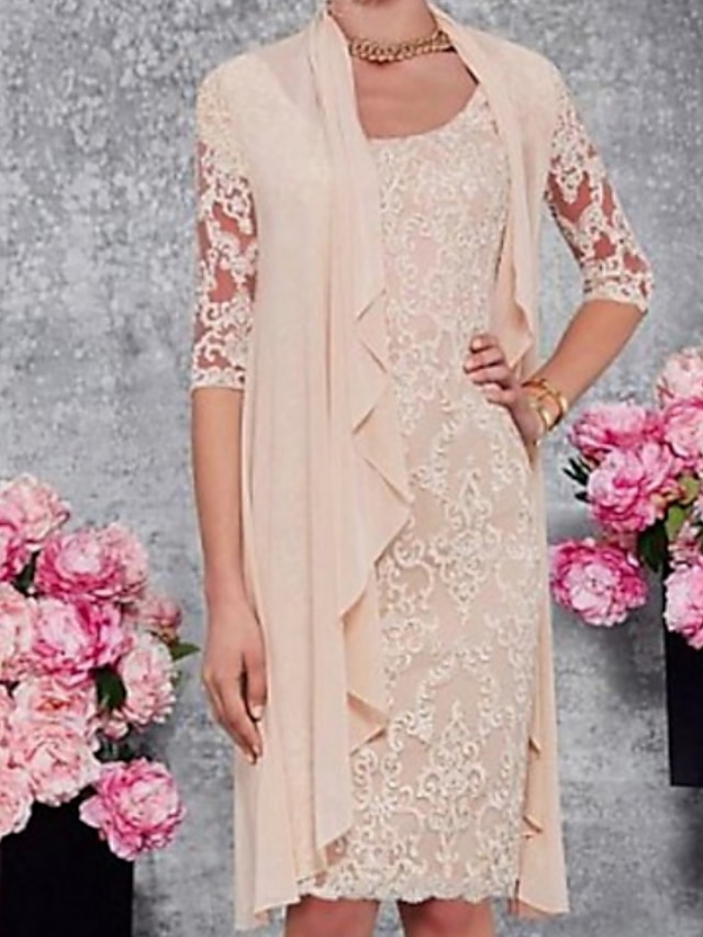 Two Piece A-Line Mother of the Bride Dress Jewel Neck Knee Length Lace Half Sleeve Jacket Dresses with Appliques 2023