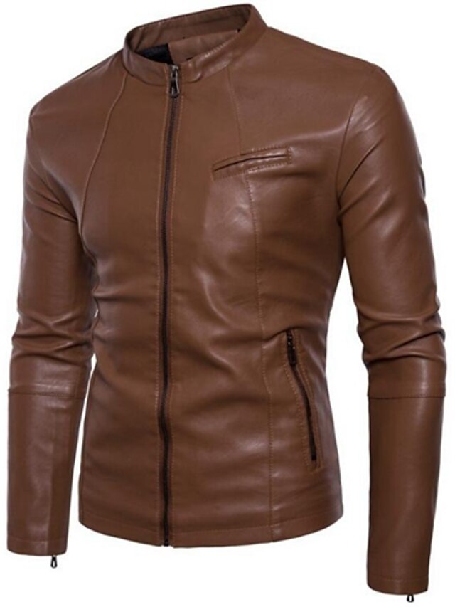  Men's Daily Spring / Fall & Winter Regular Leather Jacket, Solid Colored Stand Long Sleeve PU Wine / Yellow / Black / Slim