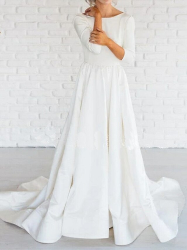  Reception Wedding Dresses A-Line Bateau Neck 3/4 Length Sleeve Sweep / Brush Train Satin Bridal Gowns With 2024