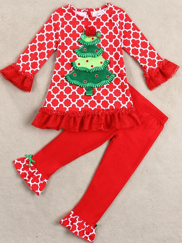  Baby Girls' Street chic Print Christmas Long Sleeve Regular Clothing Set Red / Toddler