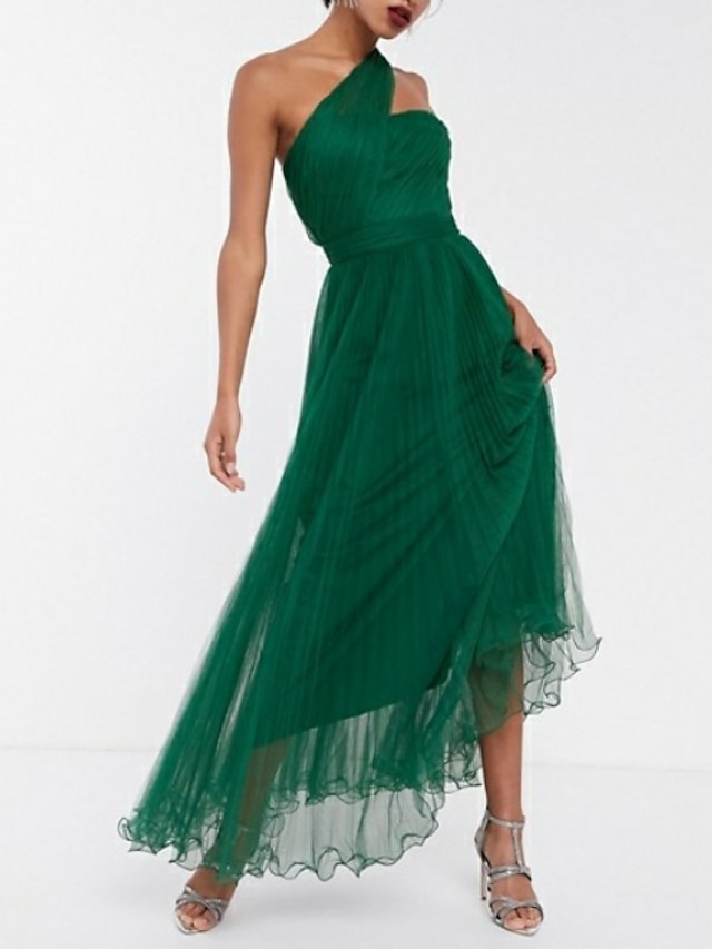  A-Line Maxi Wedding Guest Prom Dress One Shoulder Sleeveless Ankle Length Chiffon with Pleats Ruched 2022