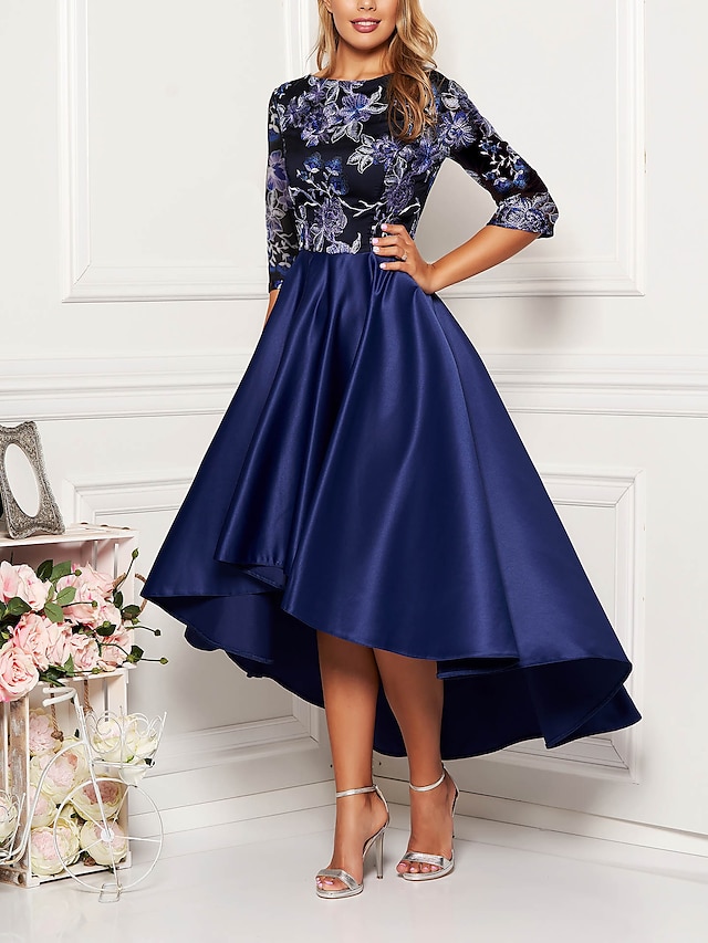  Women's Swing Dress Midi Dress Half Sleeve Solid Color Floral Print Fall Spring Elegant 2021 Navy Blue M L XL XXL 3XL