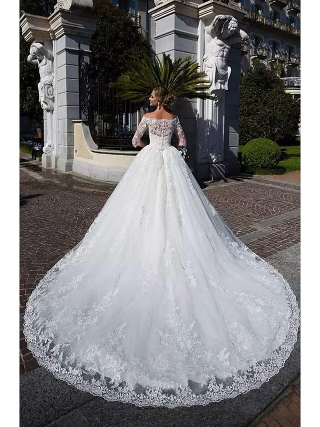  Ball Gown Wedding Dresses Off Shoulder Chapel Train Lace Tulle Lace Over Satin Half Sleeve Formal Sparkle & Shine Illusion Sleeve with Lace Appliques 2021