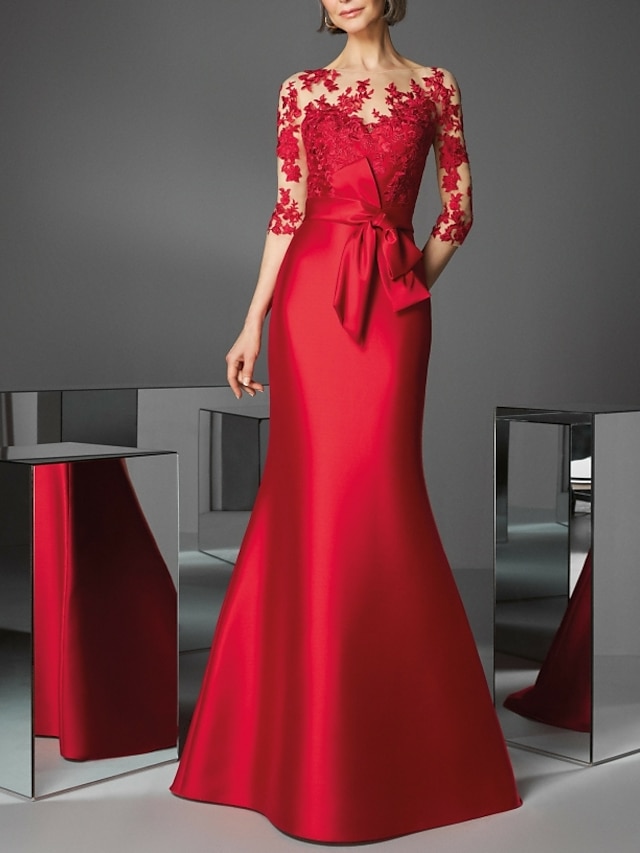  βραδινό φόρεμα γοργόνα κομψό φόρεμα κόκκινο πράσινο φόρεμα μήκος δαπέδου 3/4 μήκους μανίκι ψευδαίσθηση λαιμόκοψη φθινοπωρινό guest σατέν με απλικέ 2024