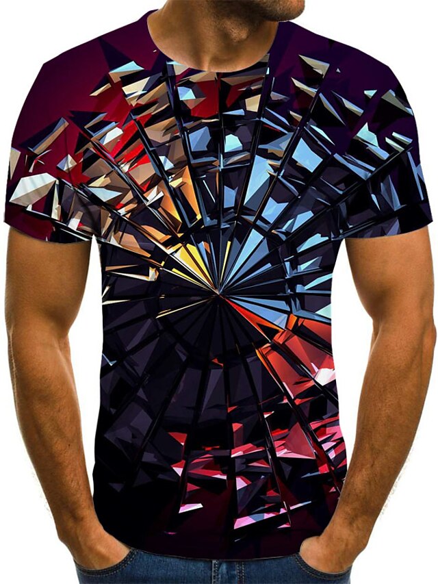  Men's T shirt Graphic Color Block Geometric 3D Print Short Sleeve Holiday Tops Streetwear Punk & Gothic Round Neck Rainbow / Summer / Club