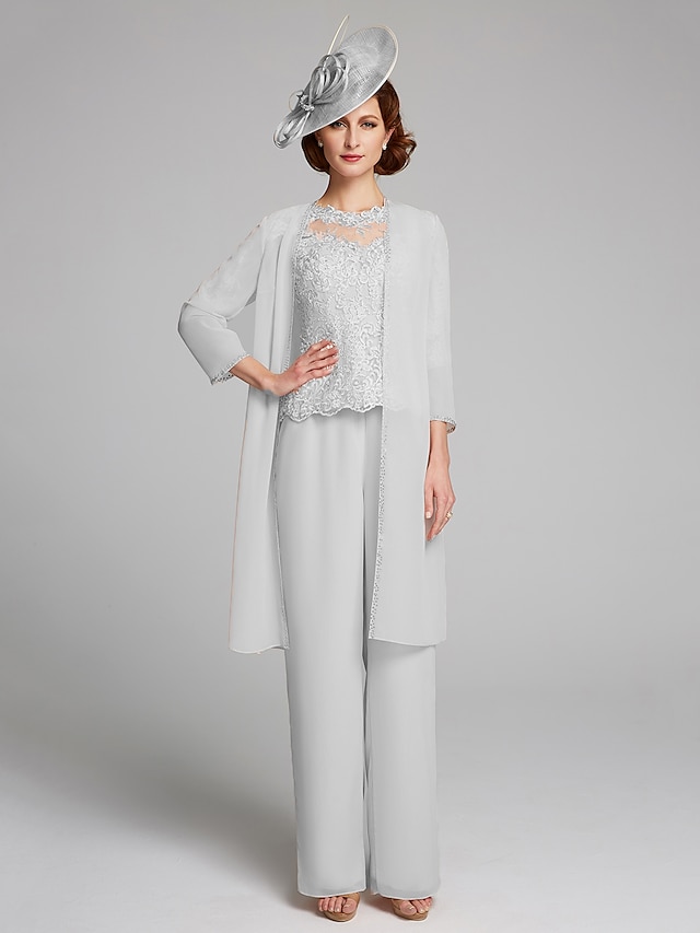  Pantsuit / Jumpsuit Mother of the Bride Dress Plus Size Elegant Bateau Neck Floor Length Chiffon Lace Half Sleeve with Lace 2022