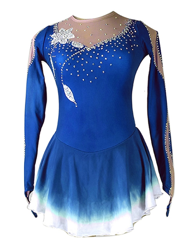  Figure Skating Dress Women's Girls' Ice Skating Dress Outfits Violet Burgundy Royal Blue Flower Patchwork Spandex Stretchy Training Competition Skating Wear Handmade Patchwork Classic Crystal