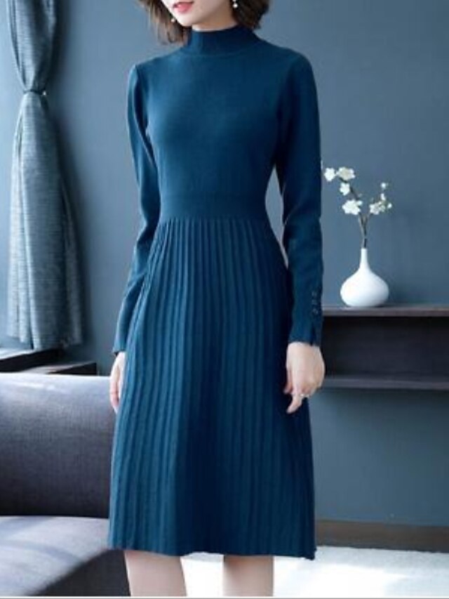  Women's Sweater Jumper Dress Knee Length Dress - Long Sleeve Solid Colored Turtleneck Basic Daily Wear Black Blue Purple Beige M L XL XXL