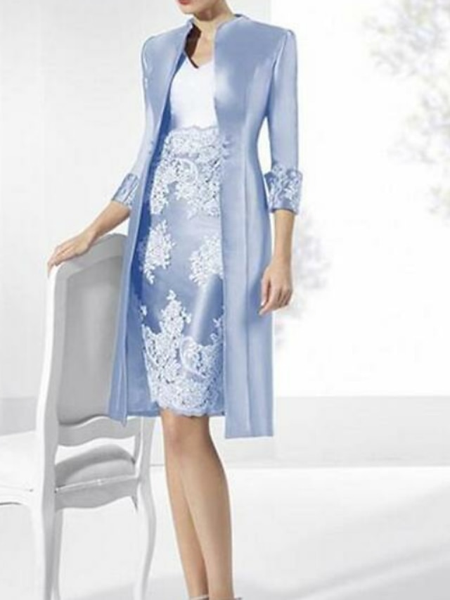  Sheath / Column Mother of the Bride Dress Vintage Plus Size V Neck Knee Length Polyester Sleeveless Jacket Dresses with Lace 2023