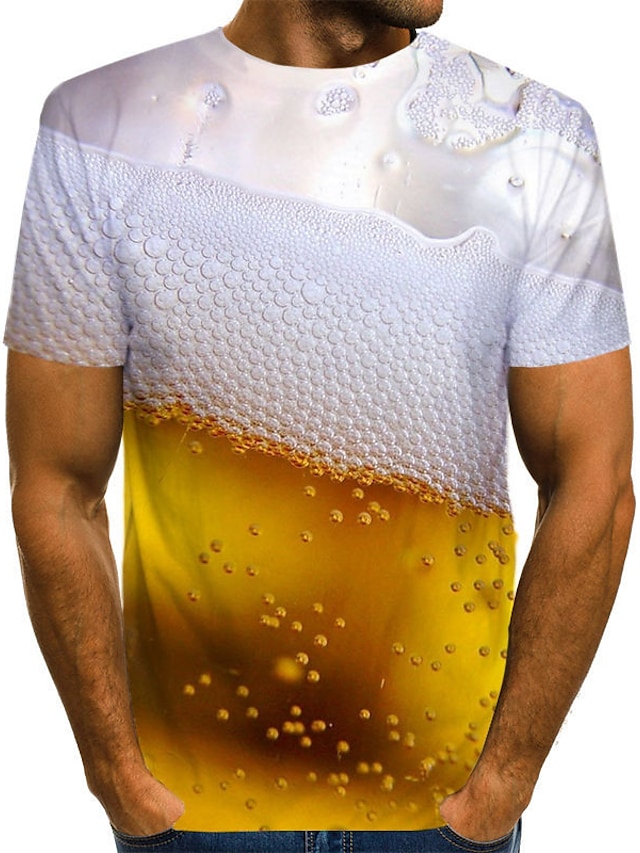 Men's Shirt T shirt Tee Tee Graphic Beer Round Neck Black Yellow Red Gold 3D Print Daily Holiday Short Sleeve Print Clothing Apparel Chic & Modern Comfortable Big and Tall