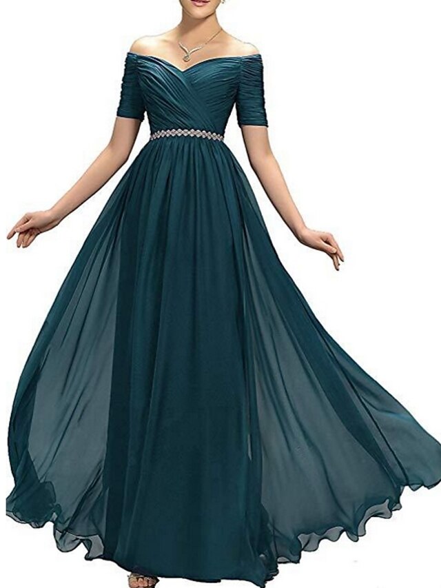  A-Line Empire Wedding Guest Formal Evening Dress Off Shoulder Short Sleeve Floor Length Polyester with Ruched Crystals 2021