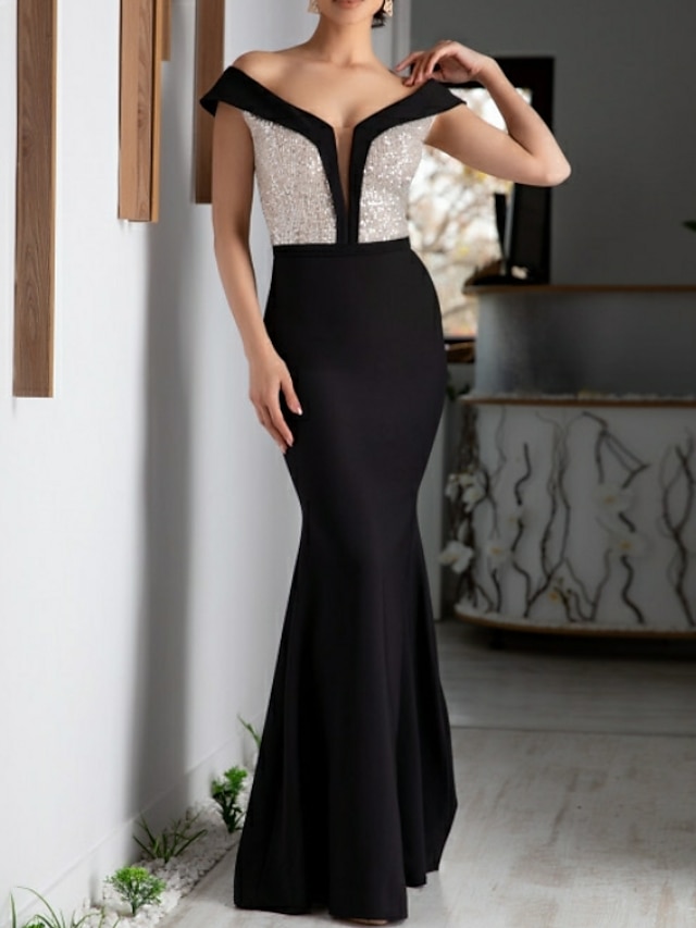  נדן שמלה שחורה שמלת ערב צבע בלוק שמלת מסיבת קוקטייל רשמית באורך רצפה שרוולים קצרים צוואר V נצנצים עם נצנצים 2024
