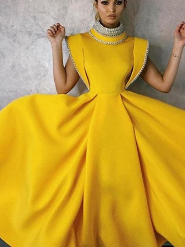  A-Linie Abendkleider Elegant Kleid Partykleidung Formeller Abend Tee-Länge Ärmellos Stehkragen Stretchstoff mit Perlenstickerei 2024
