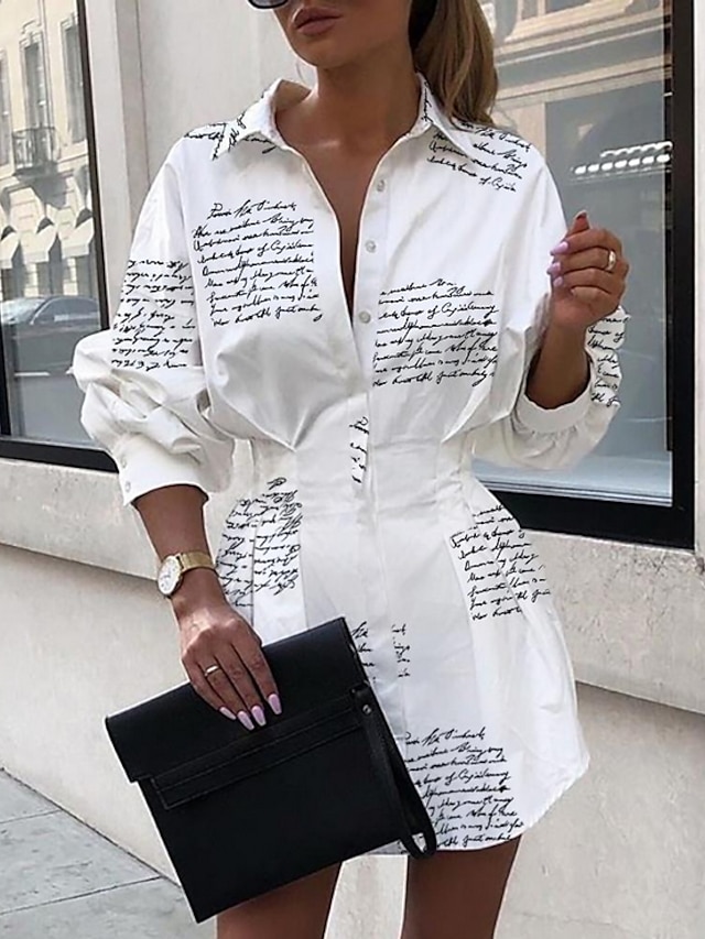  Women's A Line Dress White Long Sleeve Letter Shirt Collar Elegant S M L XL / Mini