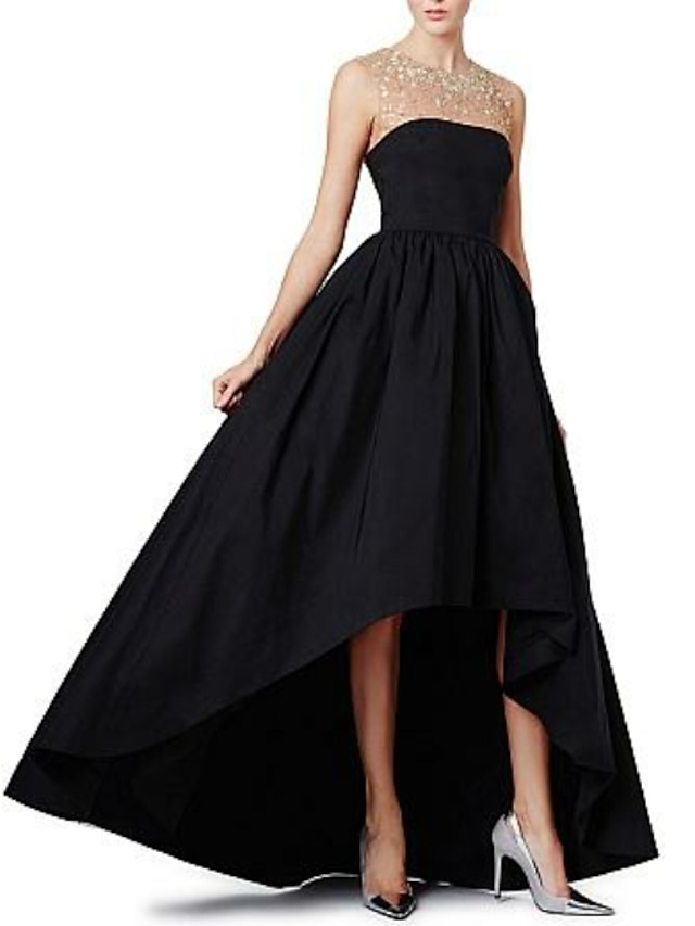  A-Line Luxurious Prom Formal Evening Dress Illusion Neck Sleeveless Asymmetrical Satin with Pleats Beading 2021