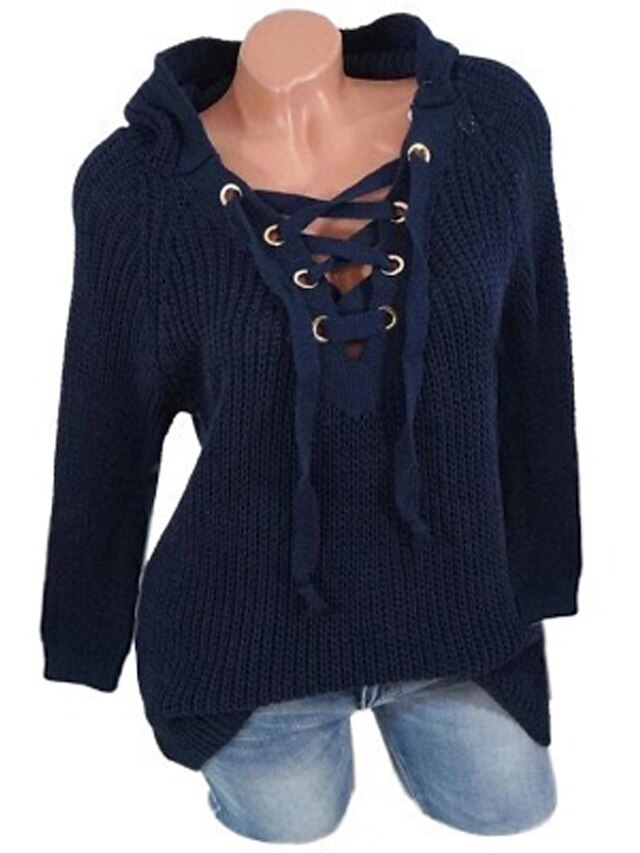 Women's Pullover Sweater Jumper Knit Lace up Solid Color V Neck Casual Daily Fall Winter Black Blue S M L / Long Sleeve / Hooded / Spring / Regular Fit