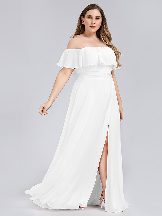  A-Line Prom Dresses Plus Size Dress Holiday Floor Length Short Sleeve Off Shoulder Chiffon Backless with Ruffles Slit 2022