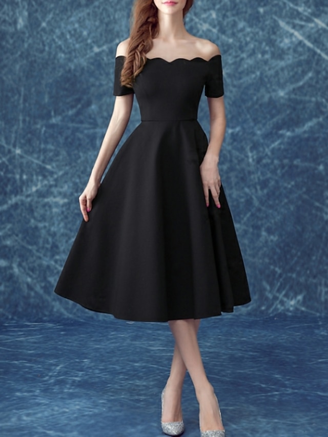  A-Line Cocktail Dresses Black Dress Dress Holiday Cocktail Party Tea Length Short Sleeve Off Shoulder Satin with 2024