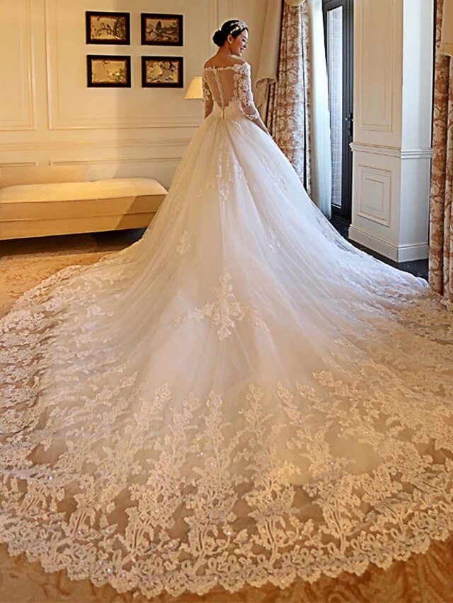  Ball Gown Wedding Dresses Off Shoulder Cathedral Train Lace Tulle Lace Over Satin 3/4 Length Sleeve Formal Illusion Sleeve with Appliques 2020