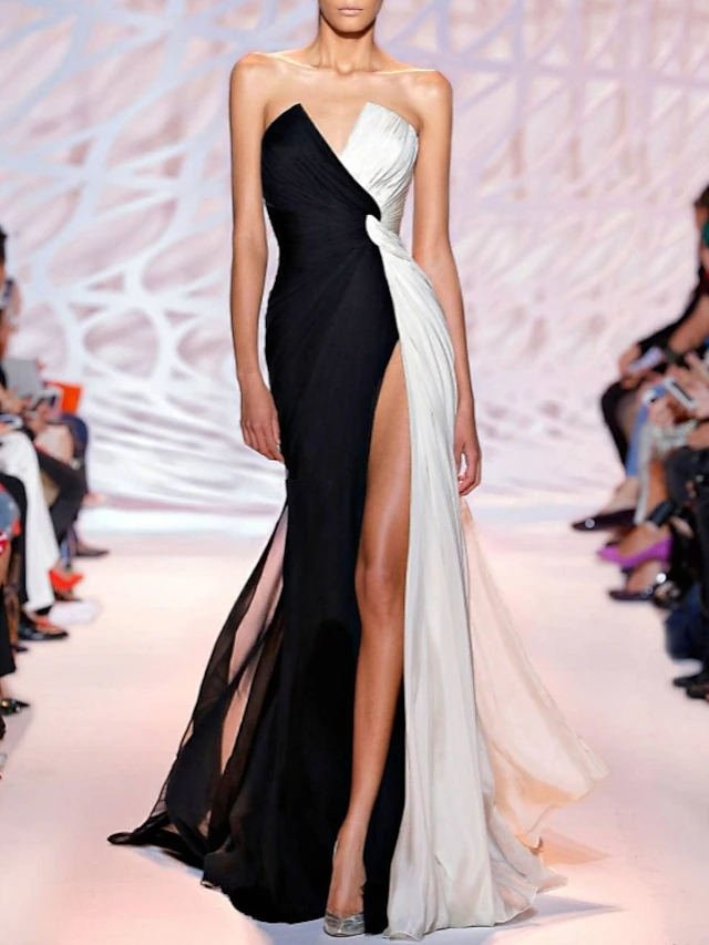 Sheath Black Dress Evening Gown Color Block Dress Wedding Guest Party Wear Sweep / Brush Train Sleeveless Strapless with Slit dress to impress 9
