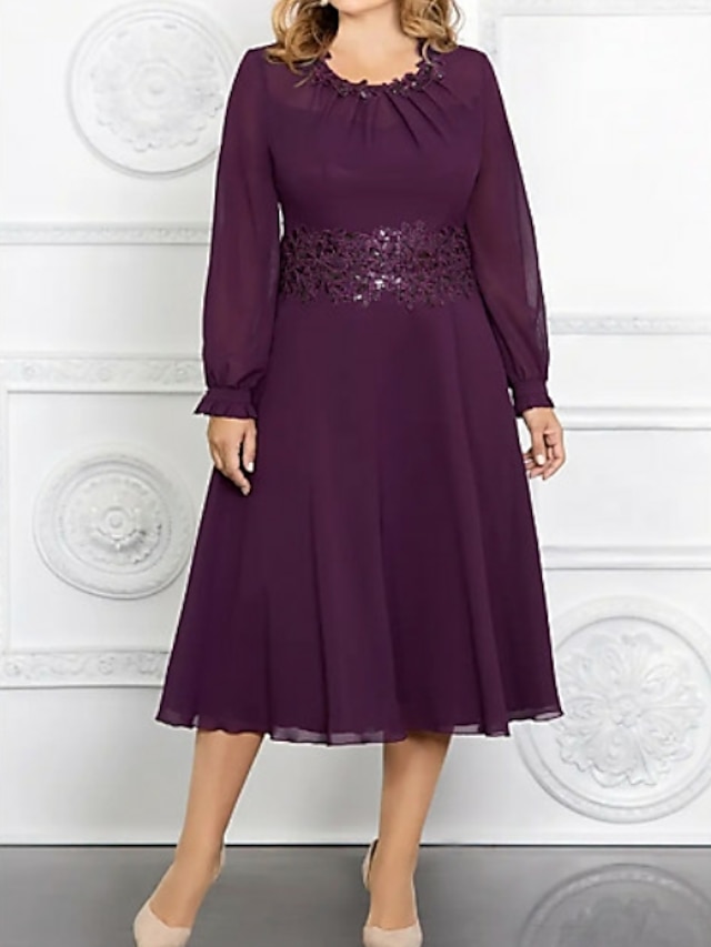  A-Line Mother of the Bride Dress Plus Size Jewel Neck Tea Length Chiffon Long Sleeve with Appliques 2023