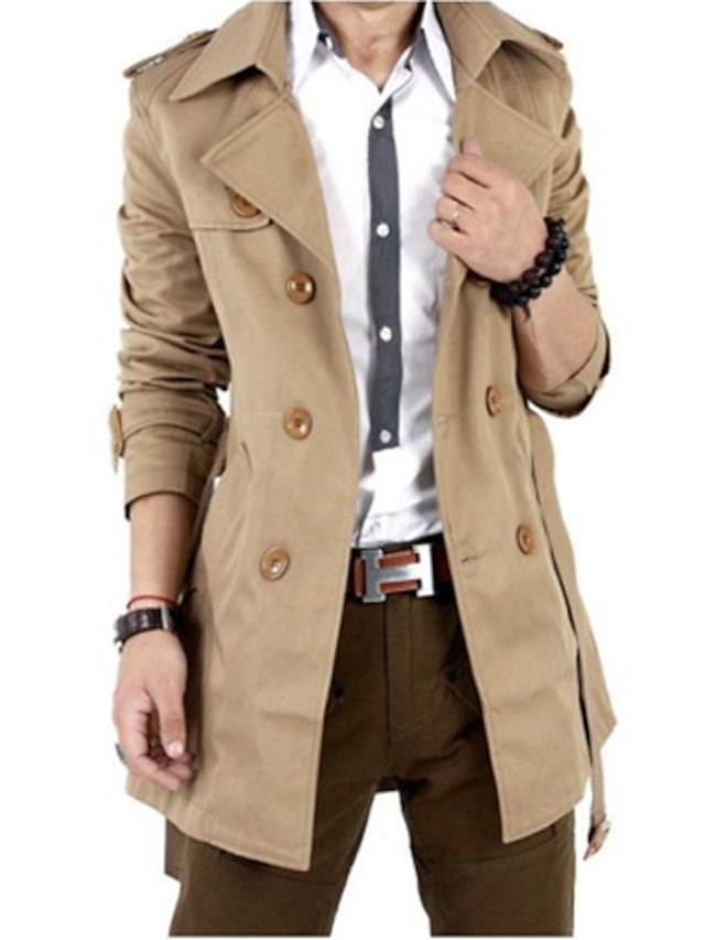 Men's Trench Coat Daily Work Basic Stand Regular Solid Colored Long ...