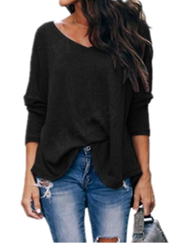 Womens Clothing Sweaters & Cardigans | Womens Solid Colored Long Sleeve Pullover Sweater Jumper, Slash Neck Black / White / Yell