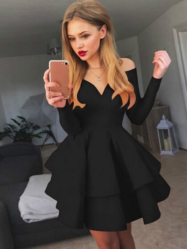 A-line Ruched Homecming Dresses Black Red White Long Sleeve Layered ...