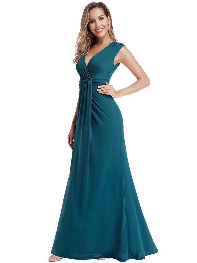  Women's Maxi A Line Dress - Sleeveless Solid Colored V Neck Elegant Wedding Event / Party Blue S M L XL / Cotton