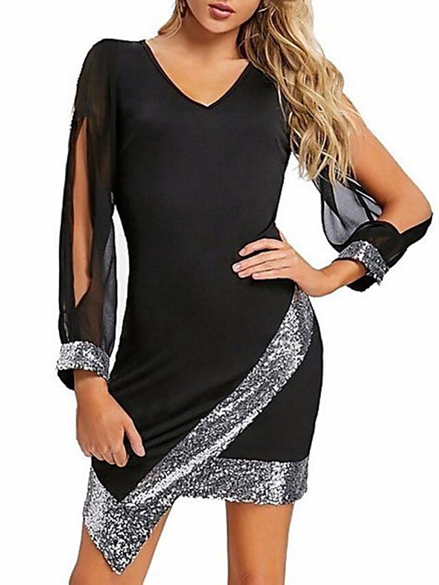  Women's Sheath Dress Short Mini Dress Wine Black Red Long Sleeve Solid Color Color Block Sequins Cut Out Glitter V Neck Hot Sexy Going out S M L XL XXL