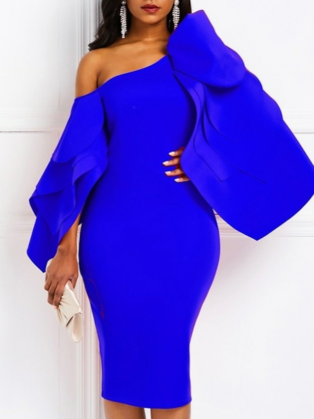  Sheath / Column Cocktail Dresses Sexy Dress Cocktail Party Formal Evening Knee Length Long Sleeve One Shoulder Satin with Draping 2024