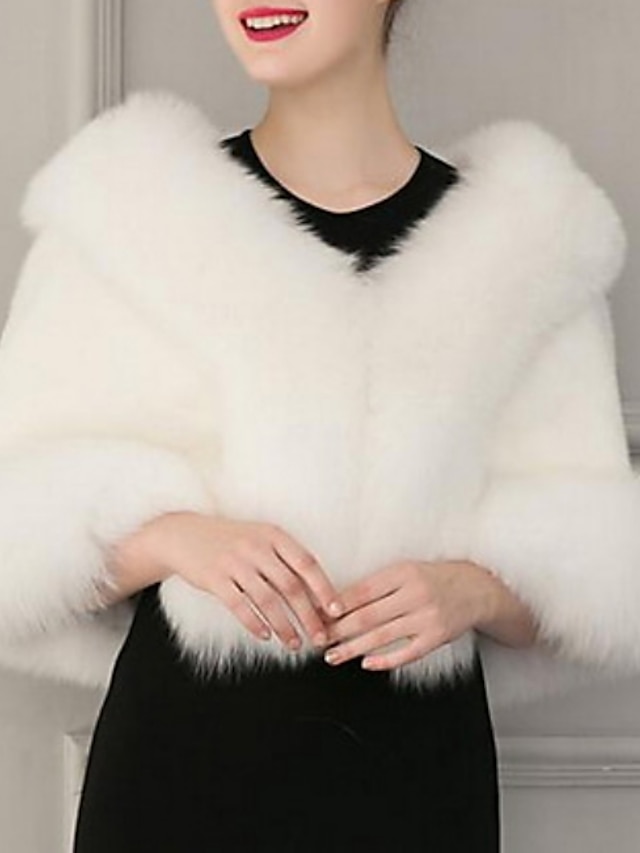 Women S Shawl Lapel Winter Fur Coat, White Fake Fur Coat Short Sleeve Black