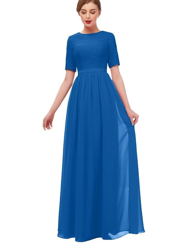  A-Line Bridesmaid Dress Jewel Neck Short Sleeve Elegant Floor Length Chiffon with Ruching 2022