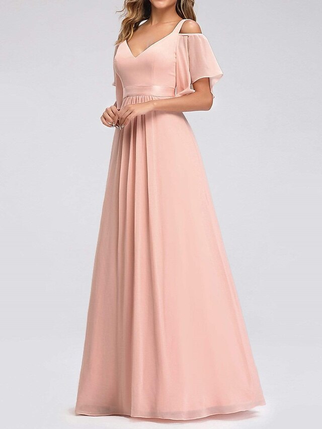  A-Line Bridesmaid Dress V Neck Short Sleeve Elegant Floor Length Chiffon with Pleats 2022
