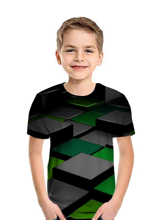  Kinder Jungen T-Shirt Kurzarm Patchwork Geometrisch 3D Druck Regenbogen Kinder Oberteile Sommer Aktiv Street Schick Silvester