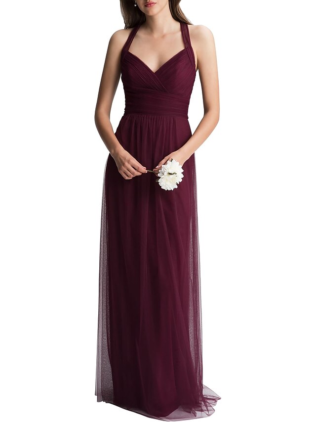 A-Line Bridesmaid Dress Halter Neck Sleeveless Elegant Floor Length ...