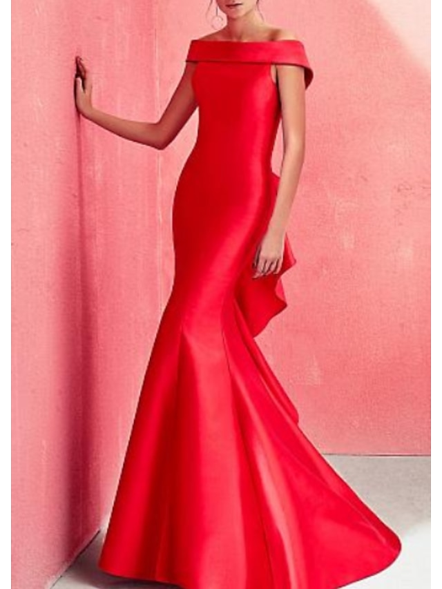  בתולת ים יפה גב אדום ירוק שמלת ערב רשמית שמלת ערב מחוץ לכתף שרוולים קצרים באורך רצפת סאטן עם סלסולים וילונות 2024