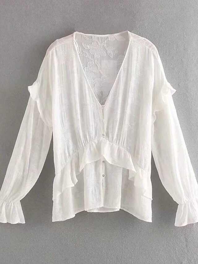  Mulheres Blusa Cor Sólida Decote em V Profundo Branco Diário Feriado Roupa Básico / Verão / Manga Longa