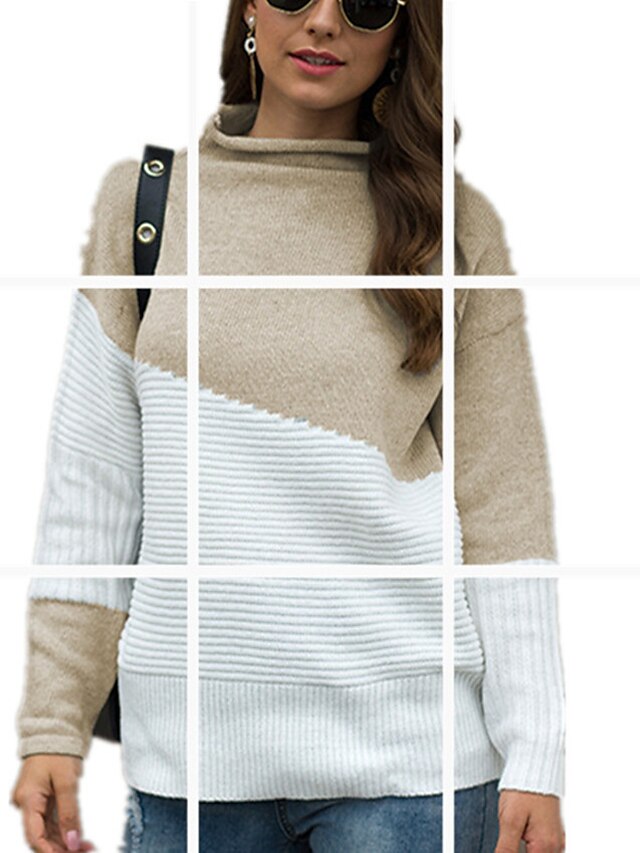  Women's Color Block Pullover Long Sleeve Sweater Cardigans Turtleneck Wine Khaki Light gray