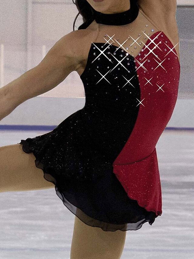 Sports & Outdoors Ice Skating | Figure Skating Dress Womens Girls Ice Skating Dress Outfits Black / Red Patchwork Spandex High E